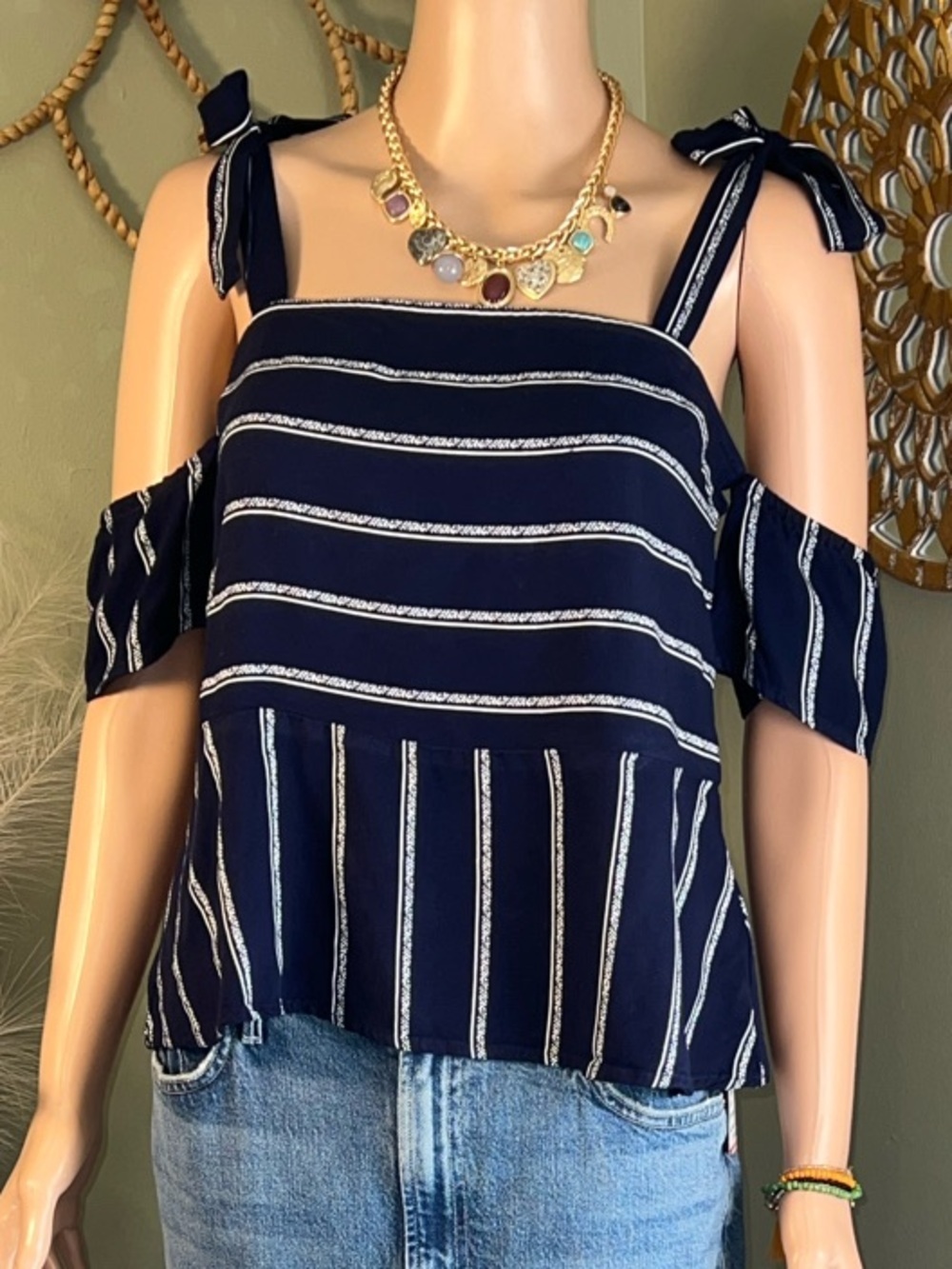 Anthropologie Splendid Off the  Shoulder Top with Ties Navy/White Striped Small
